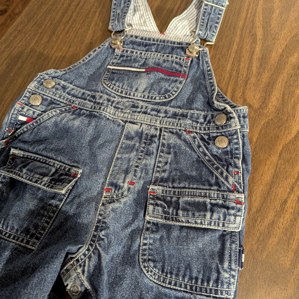 Vintage Y2K Tommy Hilfiger Blue Denim Overalls with Logo Accents Size 12-18 Mos